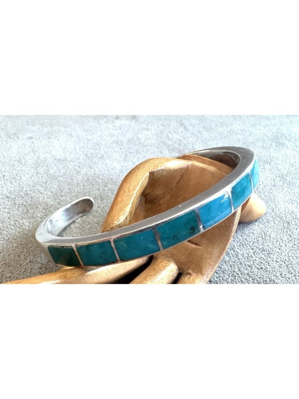 Vintage STERLING Silver with Inlaid Mosaic TURQUOISE CUFF BRACELET 6.25" Mexico